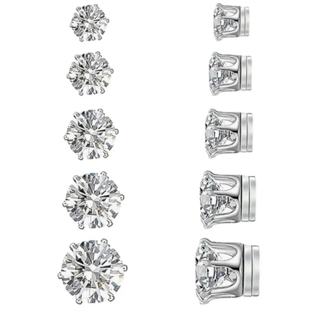 5 Pairs Stainless Steel Non-piercing Cubic Zirconia Stud Earrings Round Magnetic